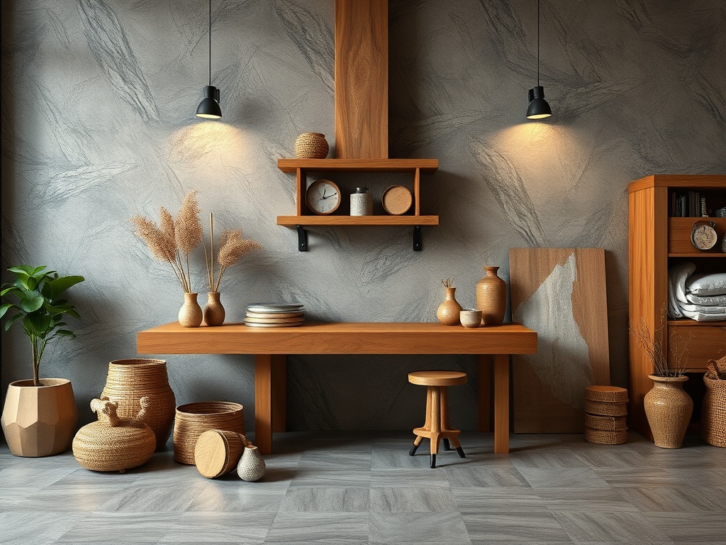 Современный интерьер с деревянными элементами, декоративными вазами и освещением. Уютная атмосфера.