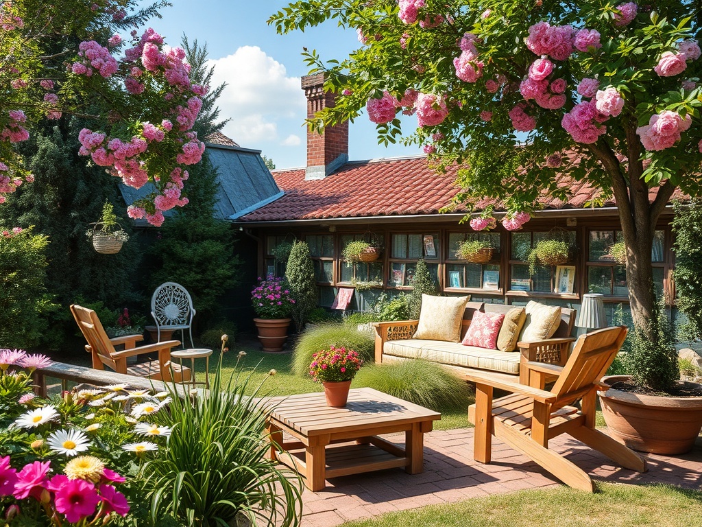 Уютный сад с цветами, мебелью и деревьями под солнечным небом. Идеальное место для отдыха и наслаждения природой.