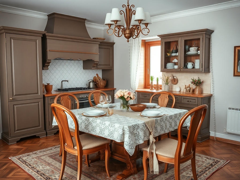 Современная кухня с деревянной мебелью, накрытым столом и свежими цветами в вазе. Уютная атмосфера.