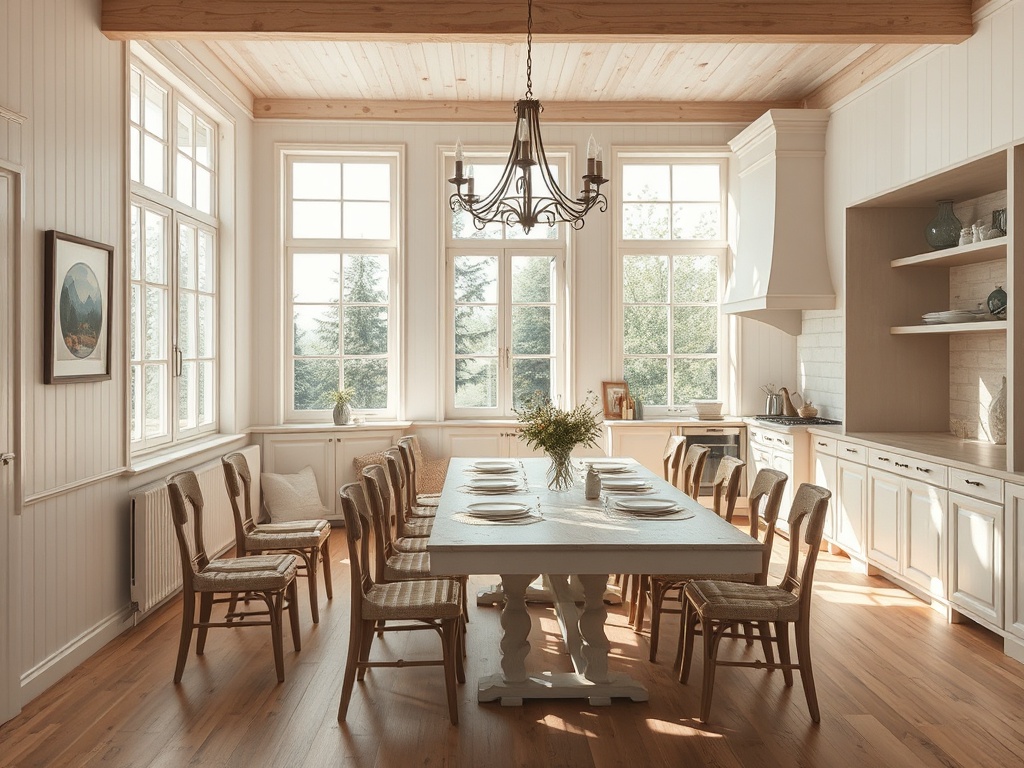 Светлая кухня с обеденным столом, окружённым стульями, большими окнами и уютным интерьером.