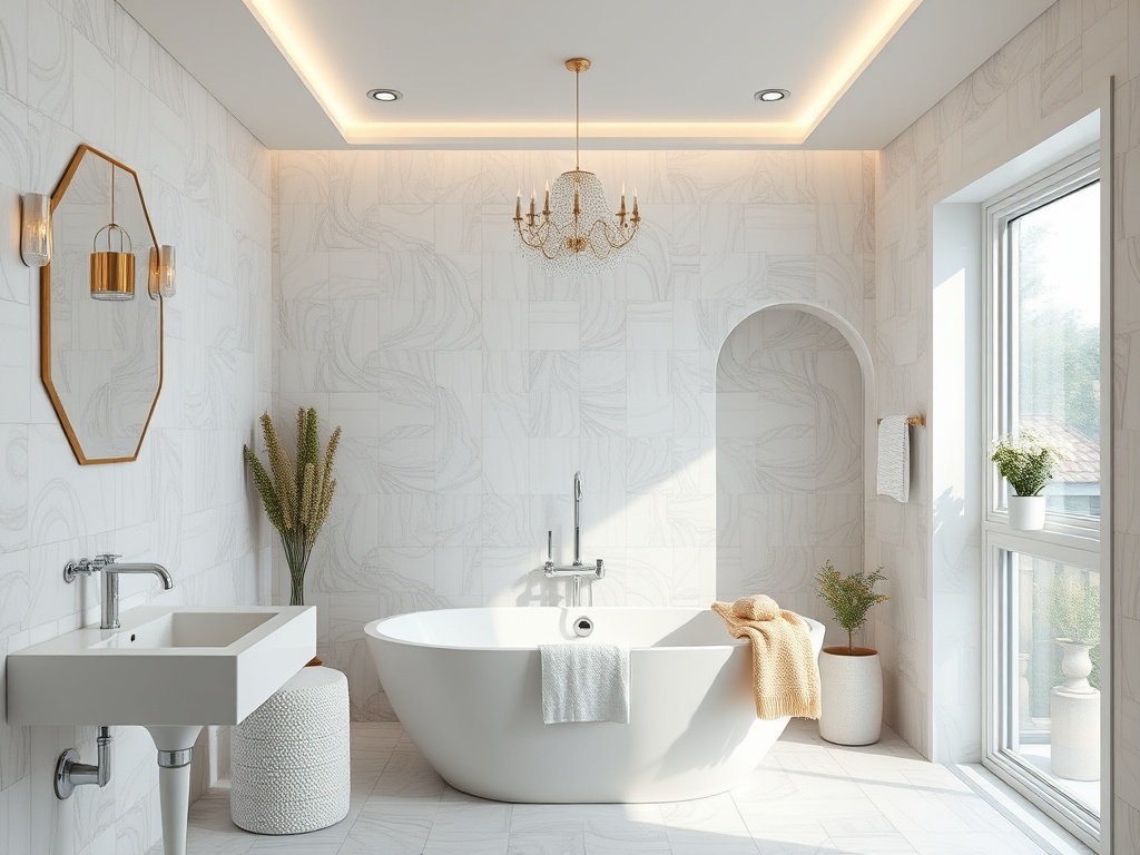 Современная ванная комната с большой ванной, раковиной и окном, оформленная в светлых тонах.