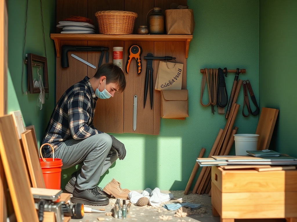 Молодой человек в маске исследует мастерскую с инструментами и строительными материалами.