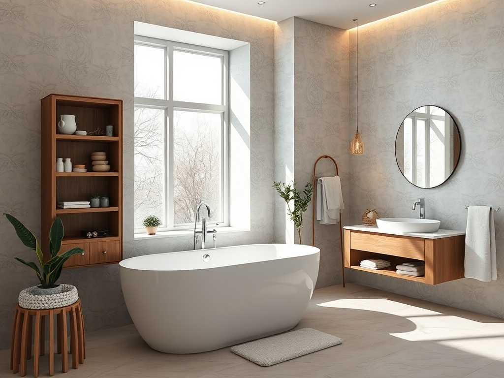 Современная ванная комната с белой ванной, деревянной мебелью и обилием естественного света.
