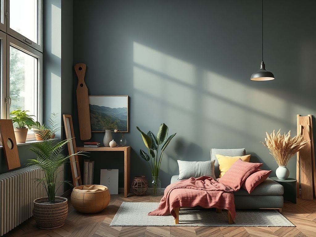 Современная гостиная с уютным диваном, растениями и естественным светом, создающим атмосферу комфорта.