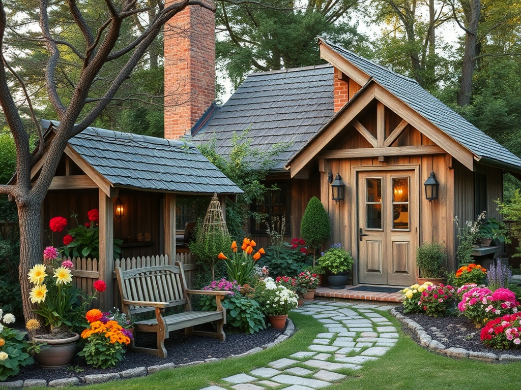 Уютный дом с цветочным садом, деревянной лавочкой и пышной зеленью вокруг. Тёплая атмосфера и спокойствие.