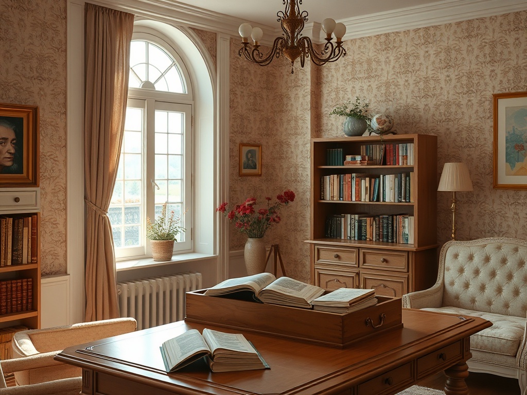 Уютный кабинет с книгами, деревянной мебелью и окнами, придающими светлый и теплый вид комнате.