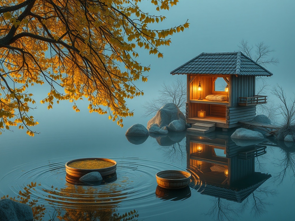 Спокойный пейзаж: уютный домик на воде среди осенних деревьев и камней. Туман и отражения создают атмосферу.