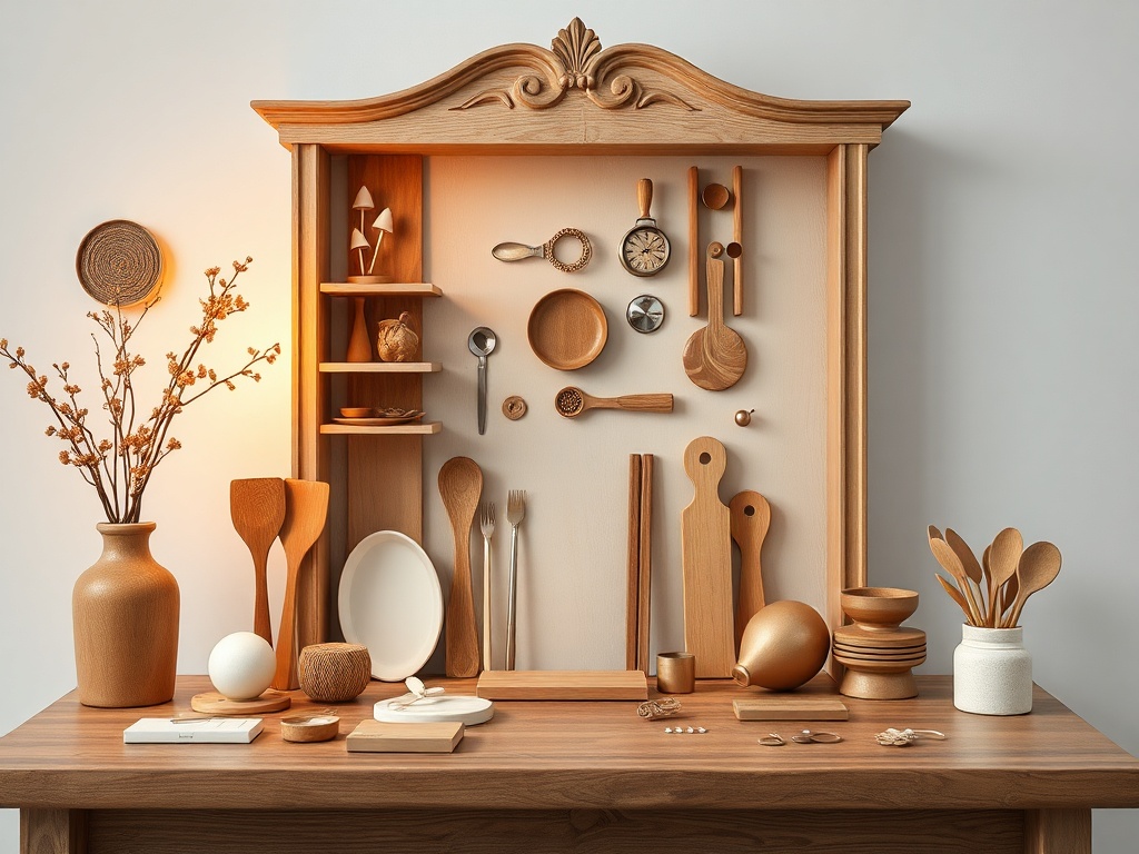 Деревянные кухонные принадлежности и декоративные элементы на полке, оформленной в теплых тонах.