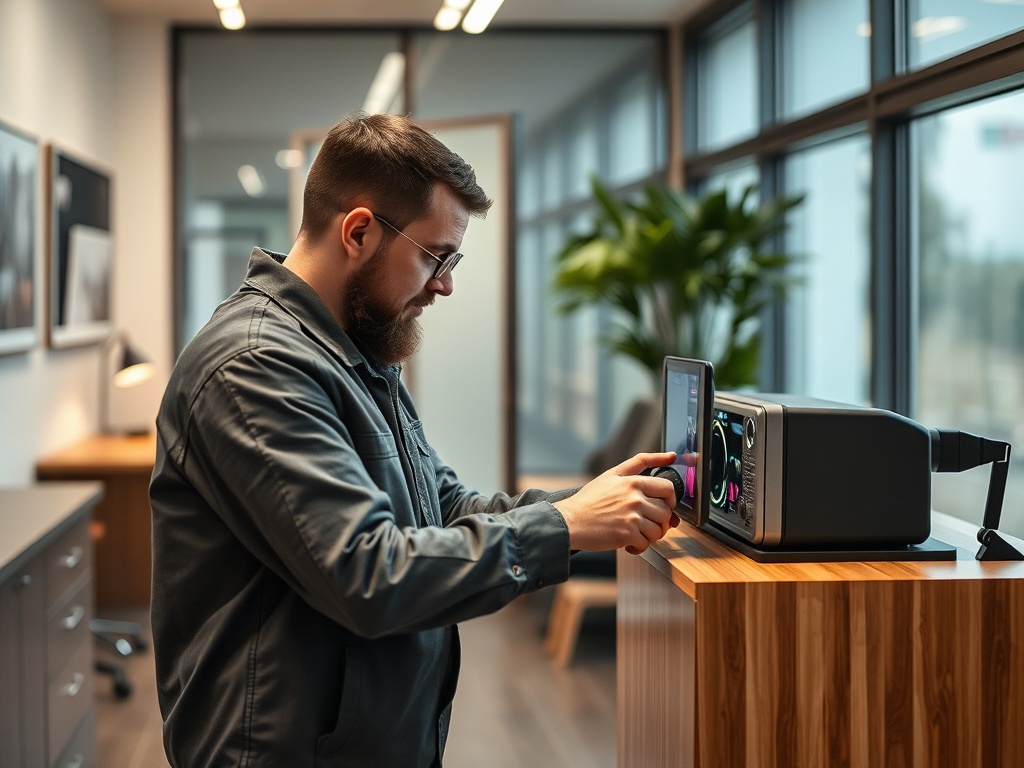 Мужчина с бородой настраивает устройство в современном офисе с большими окнами и растениями.