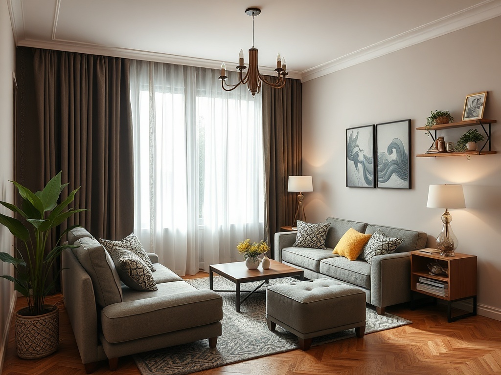 Современный уютный интерьер гостиной с серой мебелью, растениями и яркими акцентами. Большие окна обеспечивают свет.