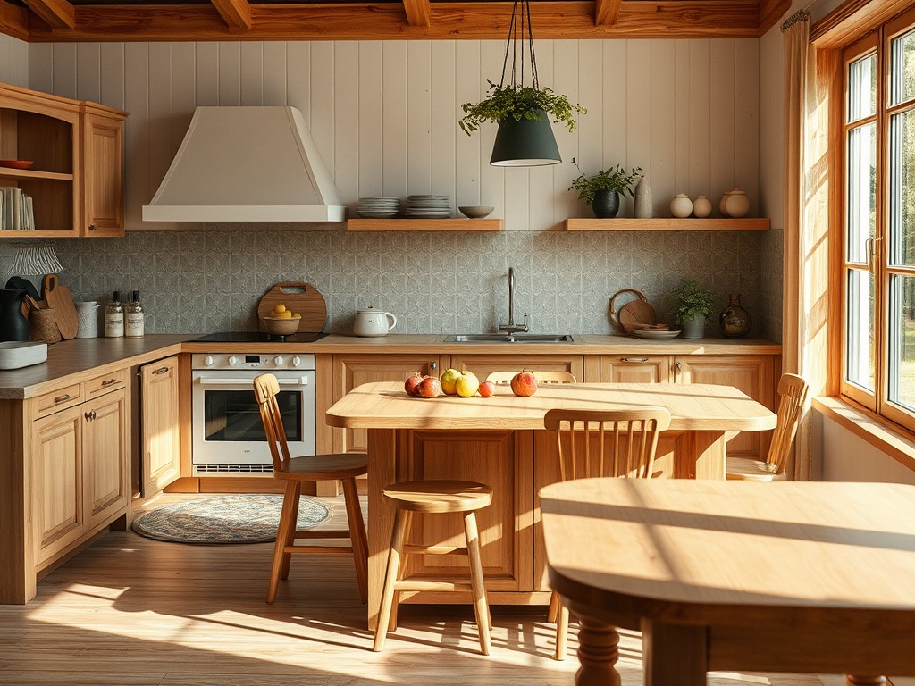Светлая кухня с деревянной мебелью, столом, стульями и фруктами на поверхности. Большие окна завершают атмосферу.