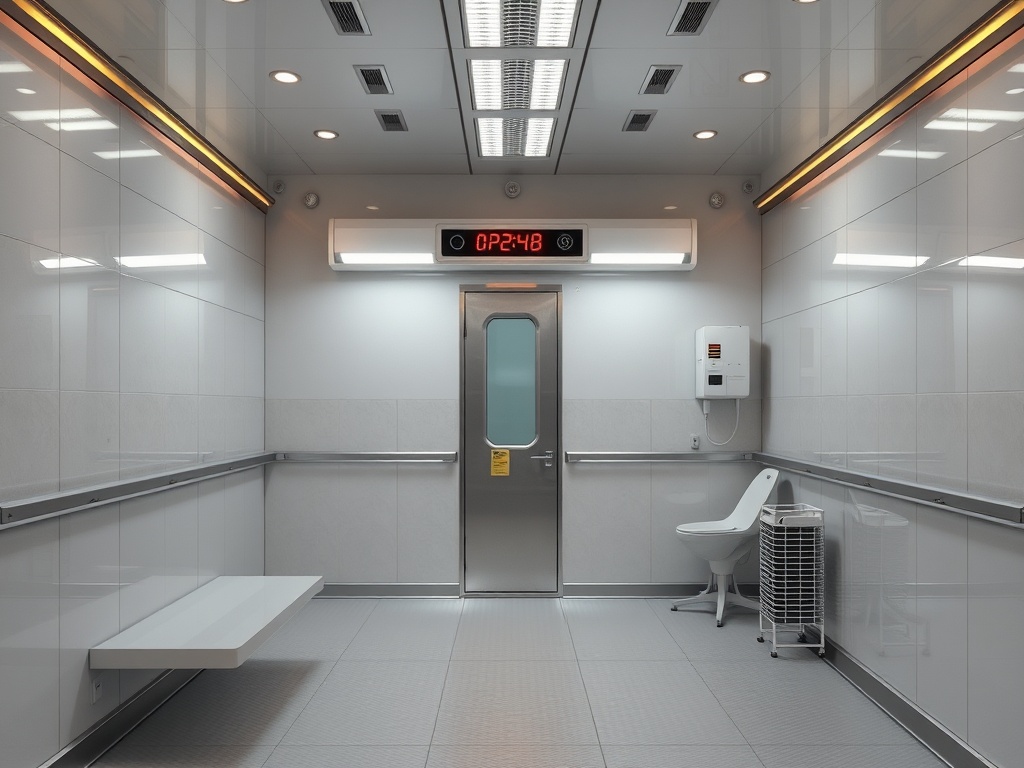 Пустая комната с белыми стенами, дверью, туалетом и информационным дисплеем на стене.