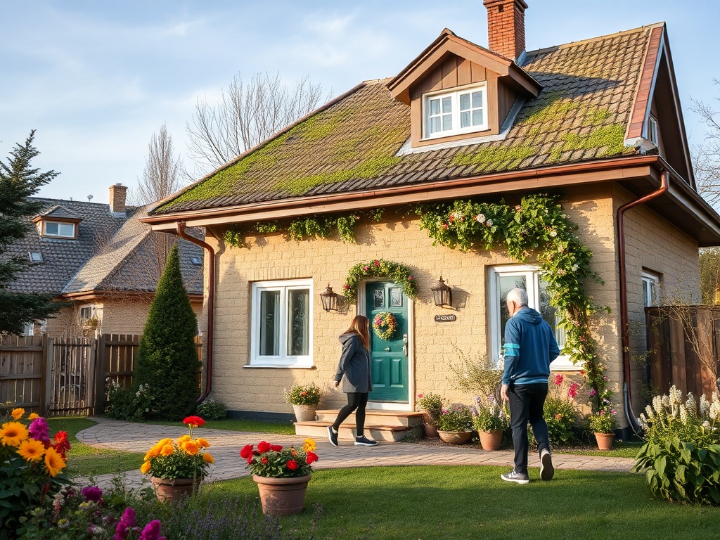 На картине изображён уютный дом с зелёной крышей, окружённый цветами и деревьями, с людьми, прогуливающимися рядом.