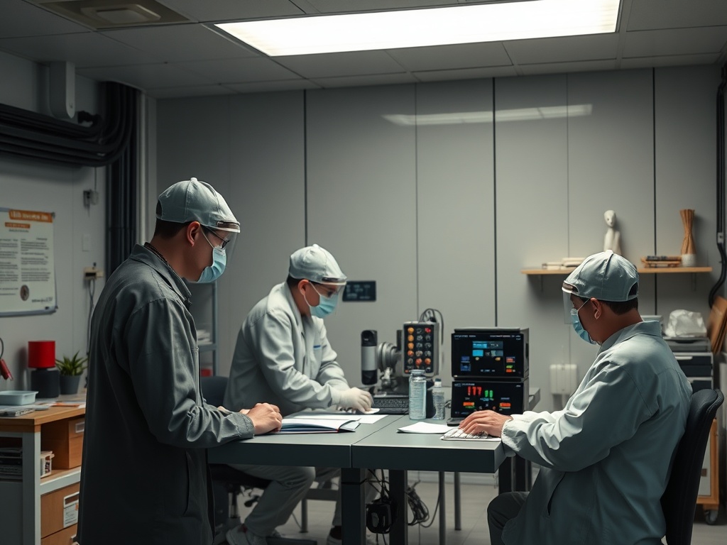 Трое мужчин в масках и халатах работают в лаборатории, используя оборудование и компьютеры.