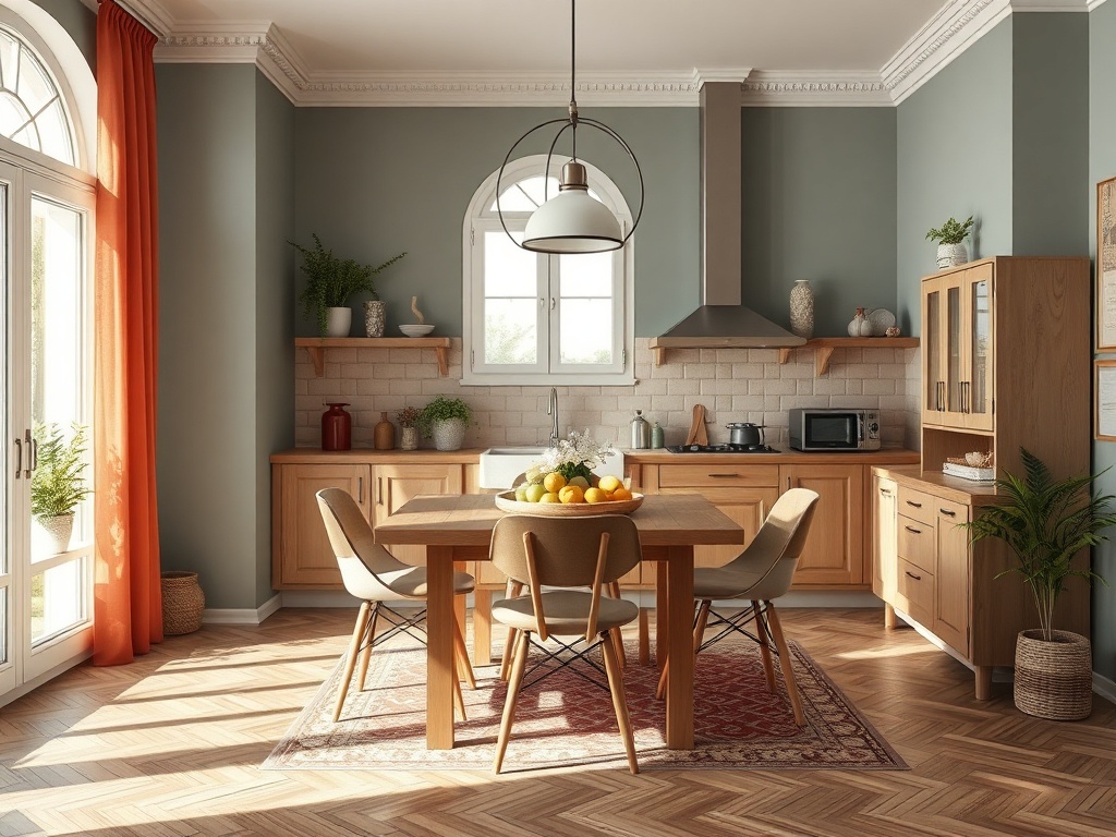 Светлая кухня с деревянной мебелью, столом, фруктами и большими окнами уходит на улицу.