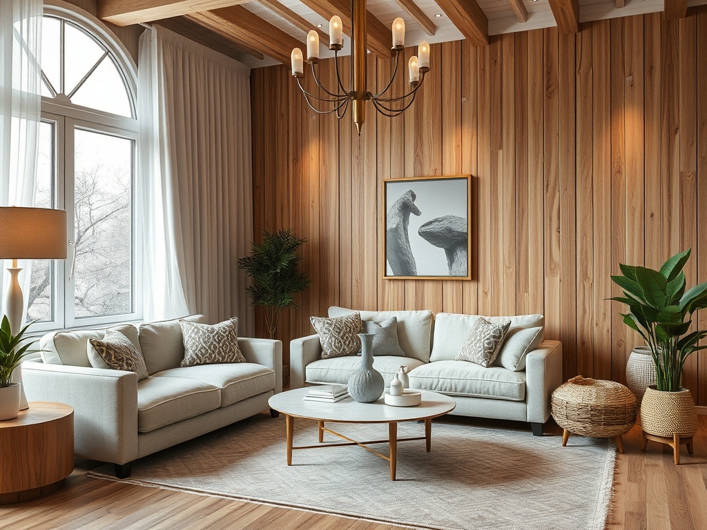 Современная гостиная с мягкими диванами, деревянными стенами и стильными декоративными элементами.