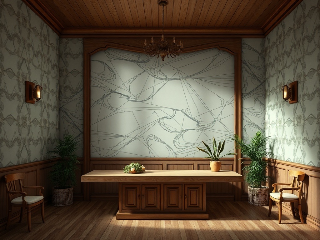 Современный интерьер с деревянной мебелью, растениями и оригинальными обоями на фоне. Комфортная атмосфера.