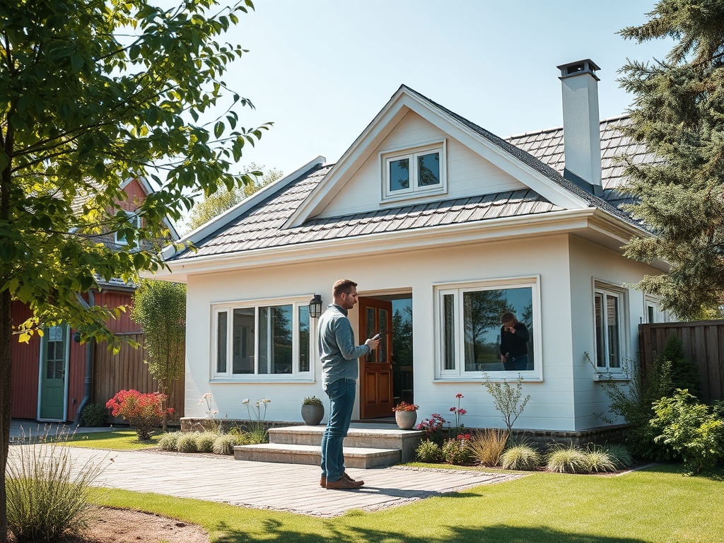 Человек стоит перед современным домом с зелёным садом. Ясный день, вокруг цветы и деревья.