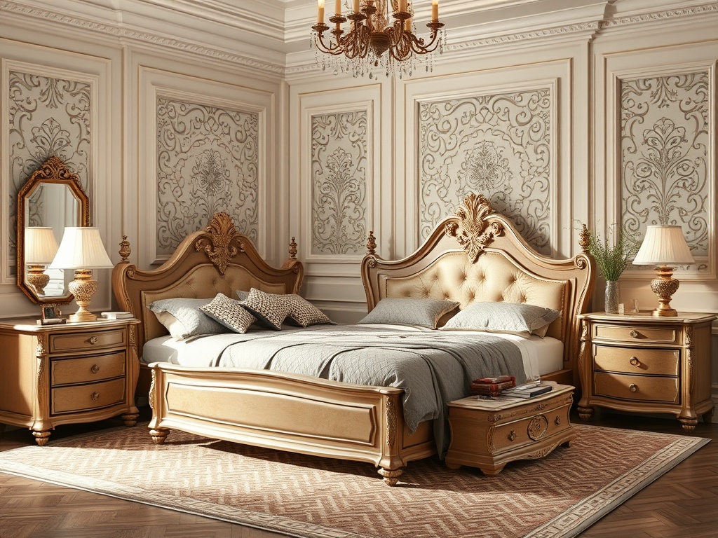 Элегантная спальня с большой кроватью, изысканной мебелью и нежными пастельными тонами.