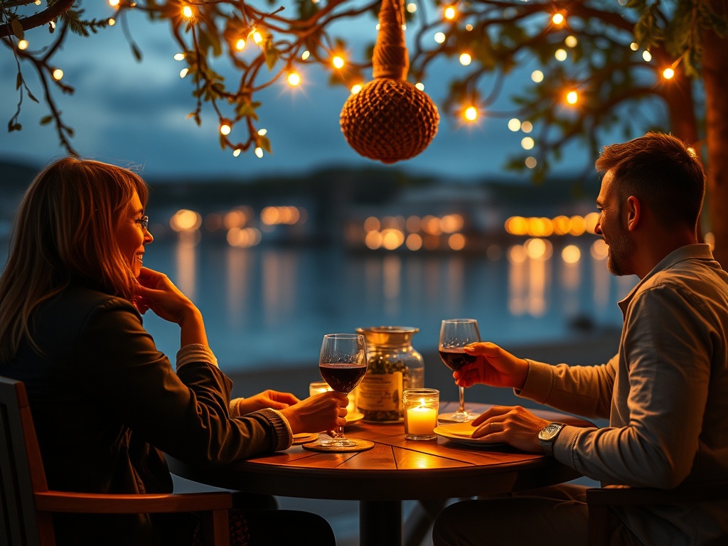 Два человека наслаждаются романтическим ужином на берегу, окруженные огнями и отражениями воды.
