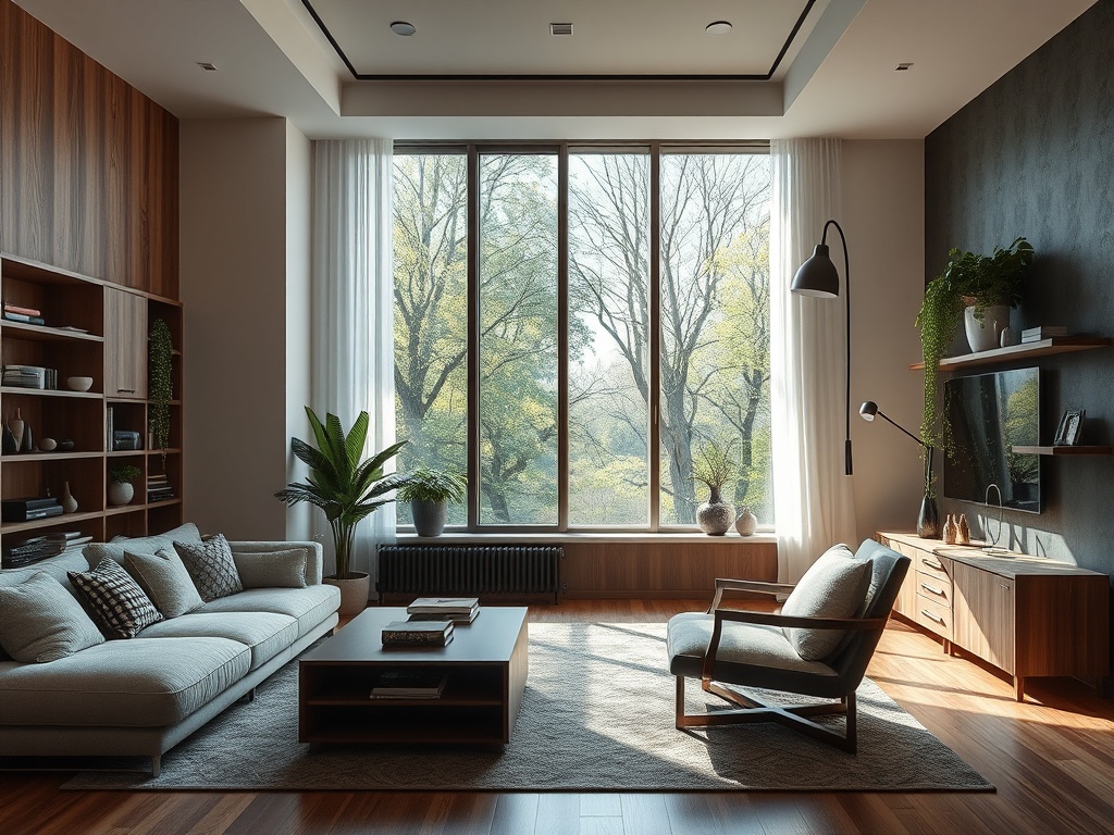 Современная гостиная с большими окнами, деревьями за окном и уютной мебелью в теплых тонах.