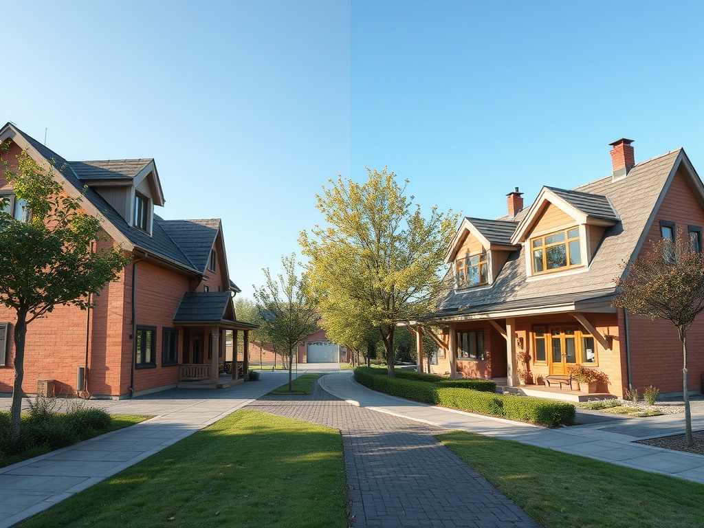 Две симметричные загородные дома с зеленым двором и дорожками под ясным небом.