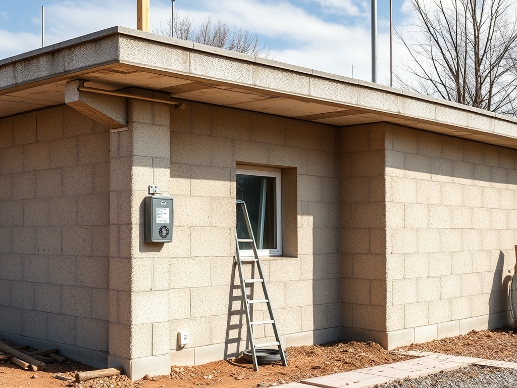 Стена здания с окном, лестницей и электрощитом на фоне ясного неба и голых деревьев.