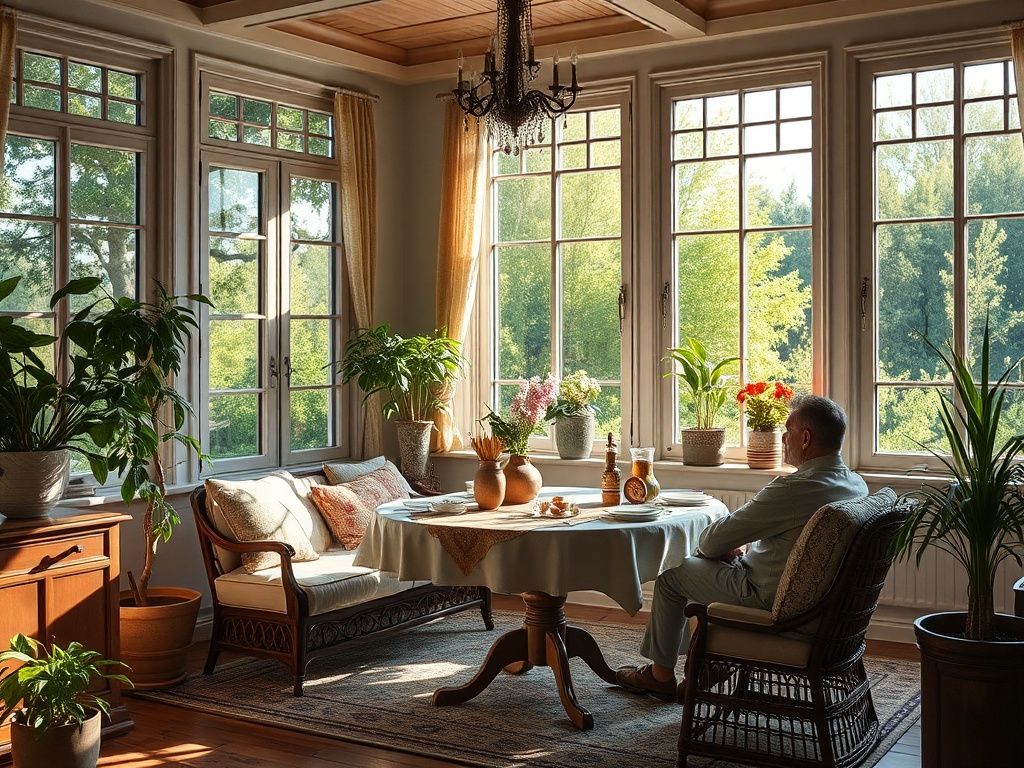Светлая комната с большим столом, растениями и мужчиной, смотрящим в окно на зелень снаружи.