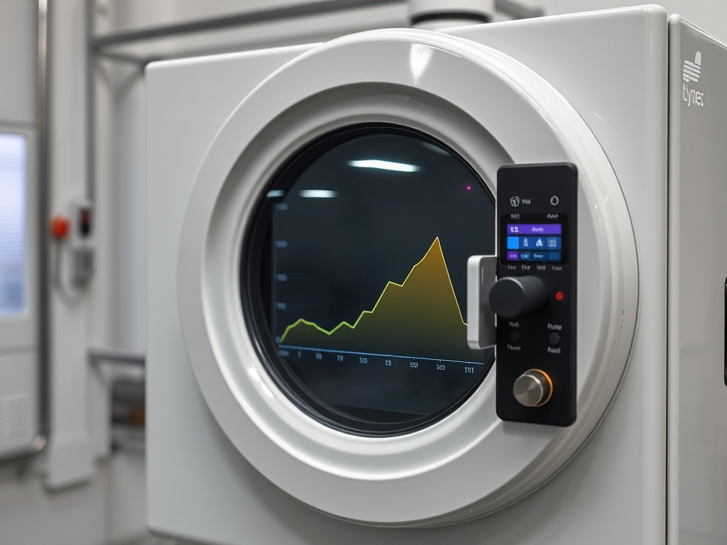 На изображении стиральная машина с экраном, отображающим график работы устройства.