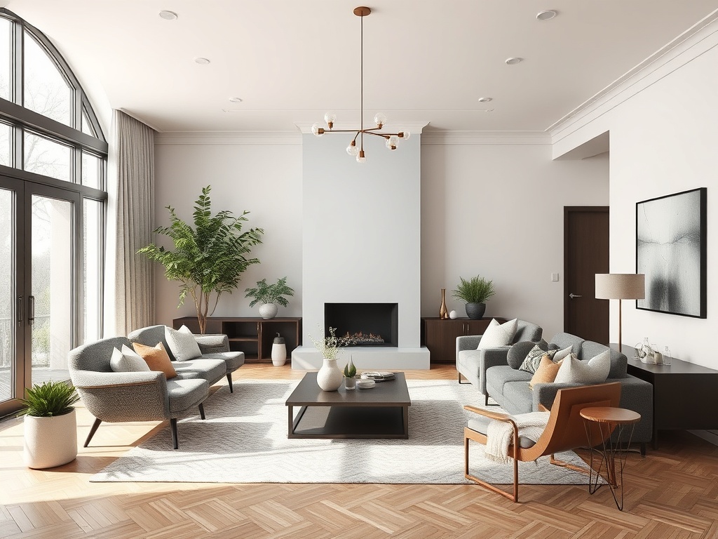 Современная гостиная с уютной мебелью, камином и растениями. Светлые тона и большая окно придают простор.