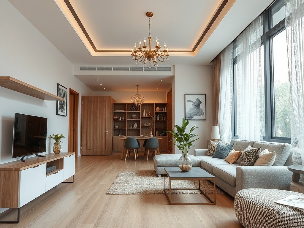 Современная гостиная с уютной мебелью, большим окном и элементами декора. Светлое, минималистичное пространство.