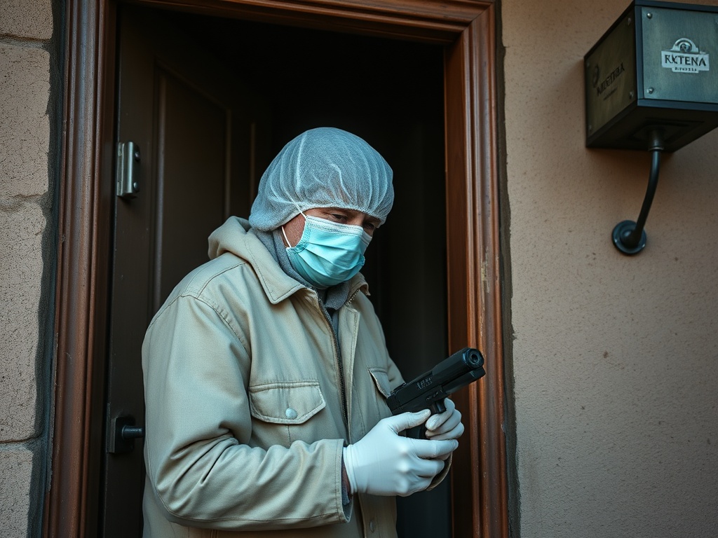 Человек в маске и перчатках стоит у двери с пистолетом в руках, готовясь к действию.