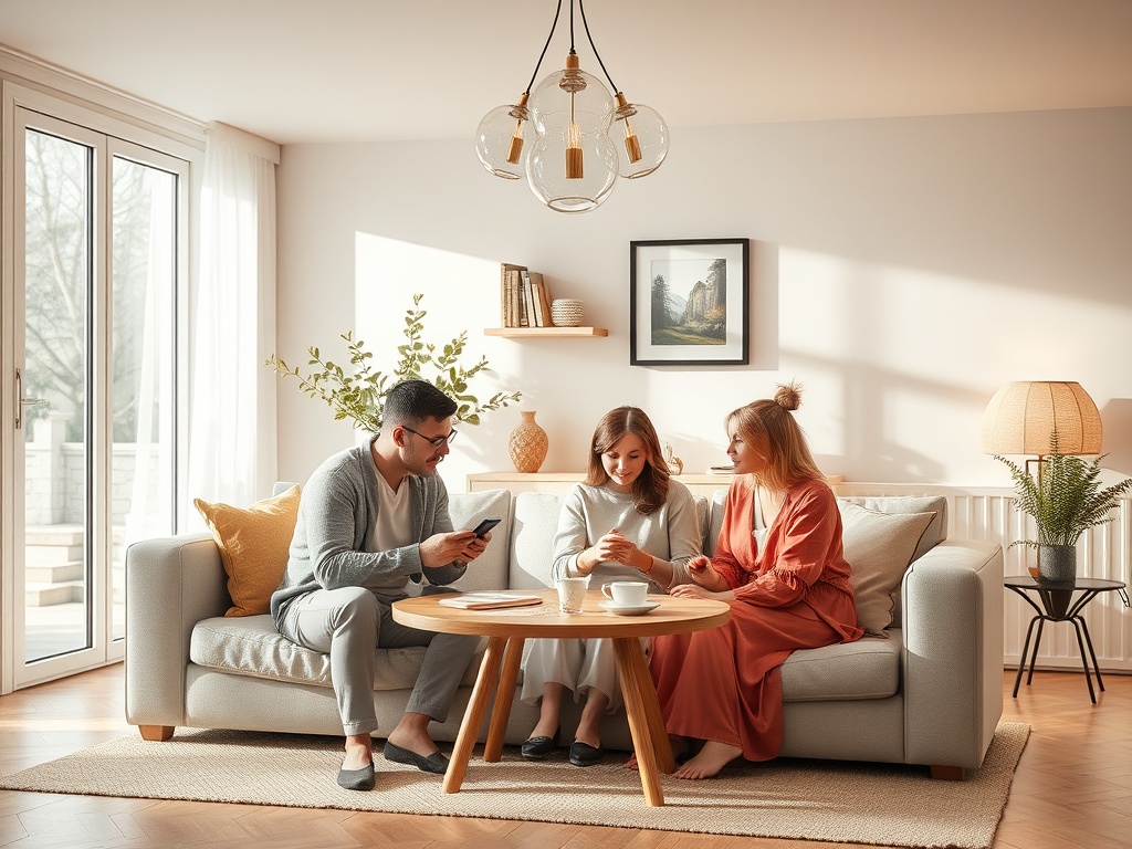 Трое людей сидят на диване в светлой комнате, обсуждая что-то, держа чашки и телефон.